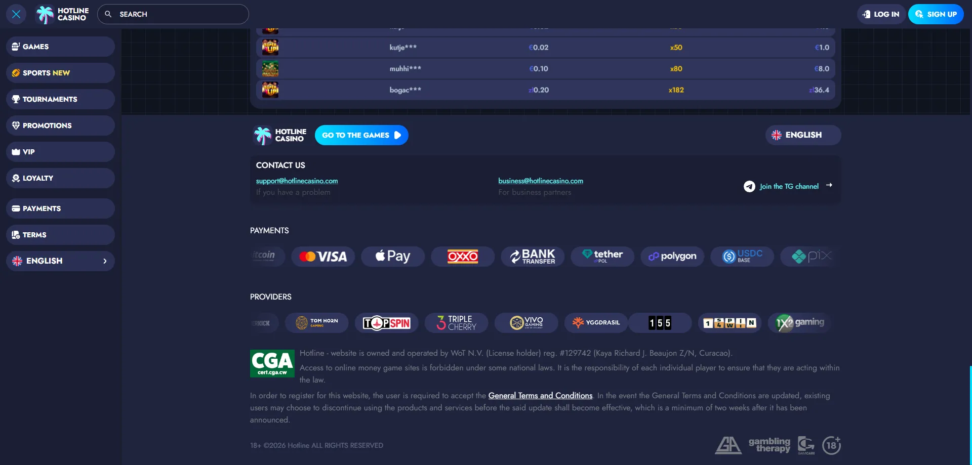 Hotline Casino mobile app interface for iOS and Android players